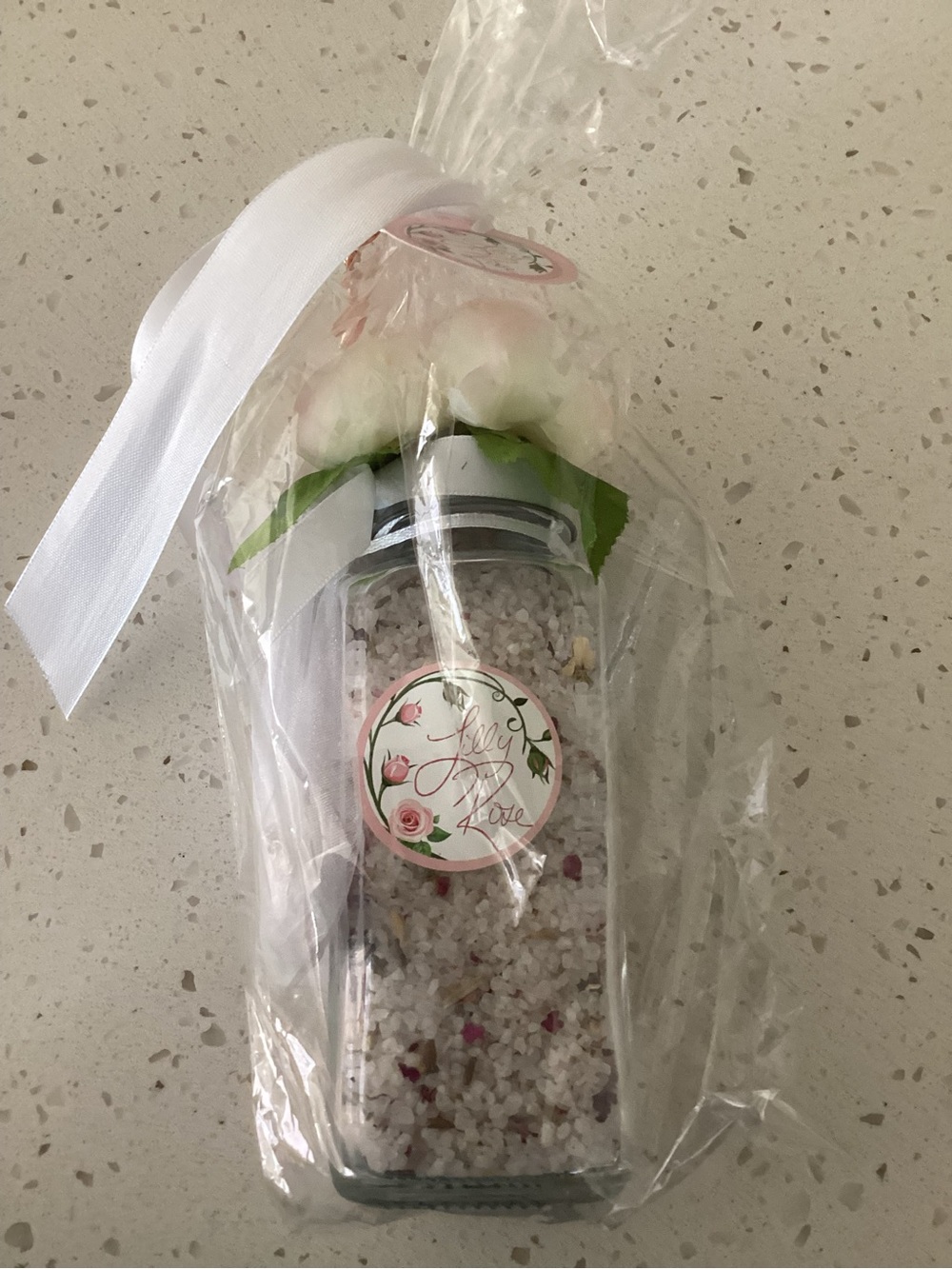 Lily Rose Bath Salt Jar with White Ribbon and Pink Rose Accents